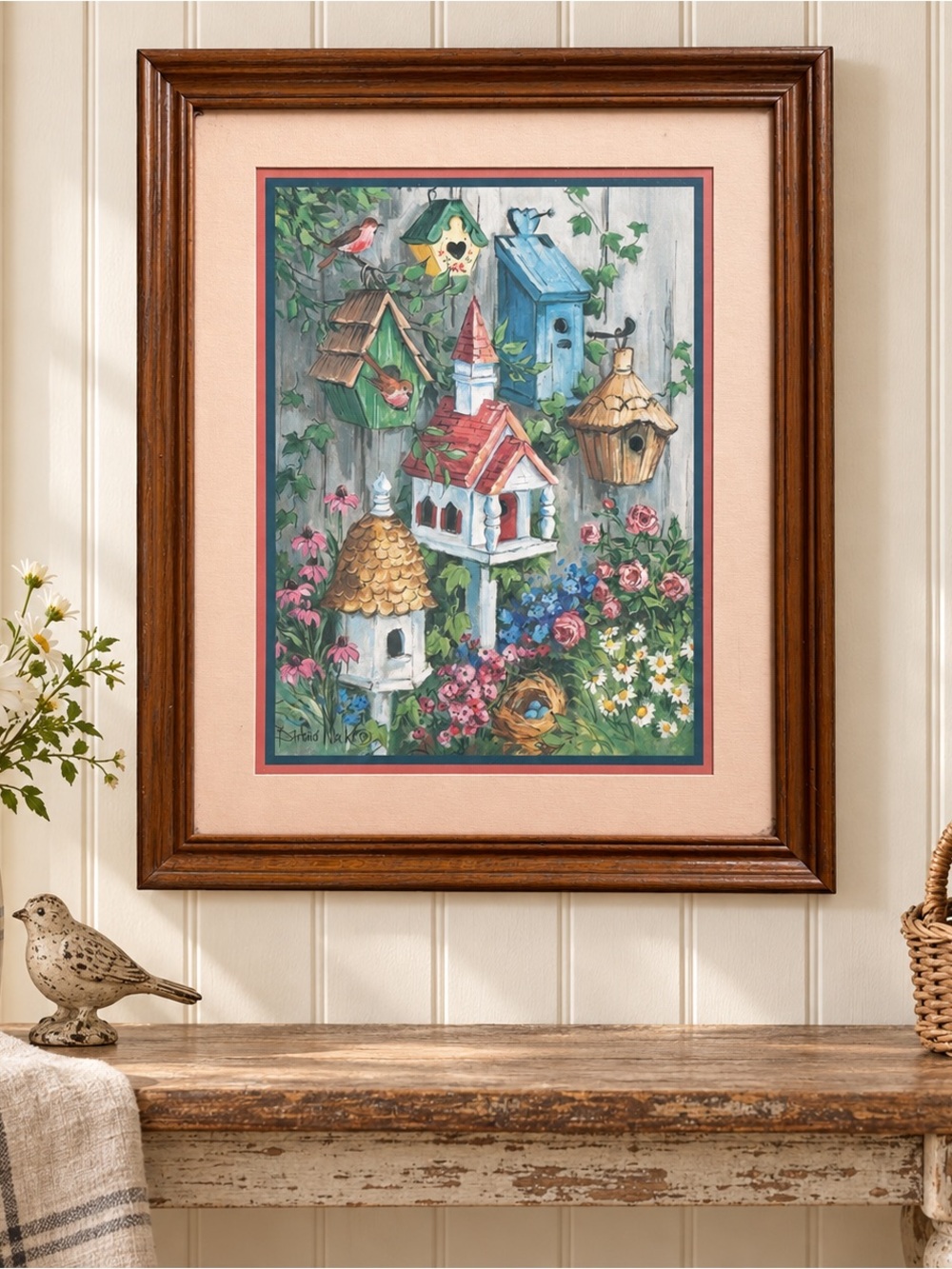 Vintage Home Interiors Birdhouse Garden Framed Print Cottagecore Wall Art